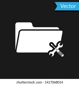 White Folder with screwdriver and wrench icon isolated on black background. Adjusting, service, setting, maintenance, repair, fixing.  Vector Illustration