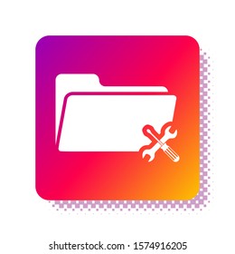 White Folder with screwdriver and wrench icon isolated on white background. Adjusting, service, setting, maintenance, repair, fixing. Square color button. Vector Illustration