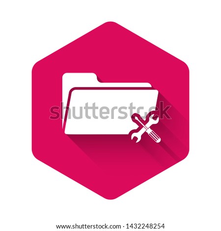White Folder with screwdriver and wrench icon isolated with long shadow. Adjusting, service, setting, maintenance, repair, fixing. Pink hexagon button. Vector Illustration
