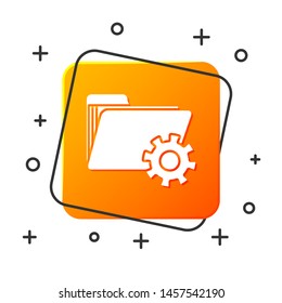 White Folder settings with gears icon isolated on white background. Software update, transfer protocol, teamwork tool management. Orange square button. Vector Illustration