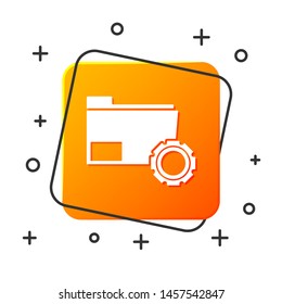White Folder settings with gears icon isolated on white background. Software update, transfer protocol, teamwork tool management, copy process. Orange square button. Vector Illustration