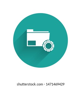White Folder settings with gears icon isolated with long shadow. Software update, transfer protocol, teamwork tool management, copy process. Green circle button. Vector Illustration