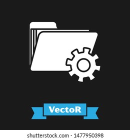 White Folder settings with gears icon isolated on black background. Software update, transfer protocol, teamwork tool management.  Vector Illustration