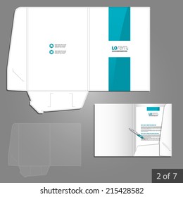 White folder template design for company with blue central line. Element of stationery.