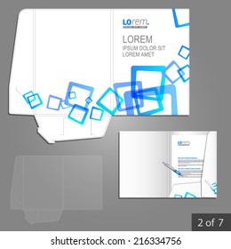 White folder template design for company with blue square figures. Element of stationery.