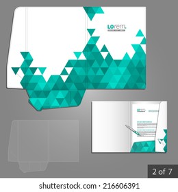 White folder template design for company with green triangles. Element of stationery.