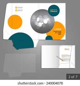 White folder template design for company with blue and orange circles. Element of stationery.