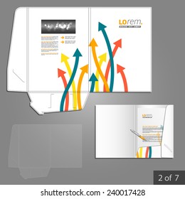 White folder template design for company with color arrows. Element of stationery.