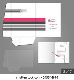 White folder template design for corporate identity with pink and gray lines. Stationery set