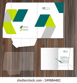 White folder template design for corporate identity with green geometric elements. Stationery set