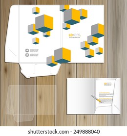 White folder template design for corporate identity with yellow cubes. Stationery set