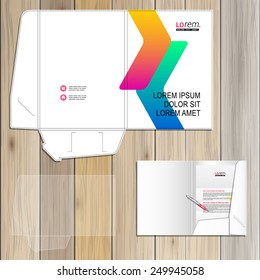 White folder template design for corporate identity with color geometric shapes. Stationery set