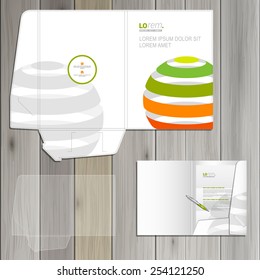 White folder template design for corporate identity with color striped globe. Stationery set
