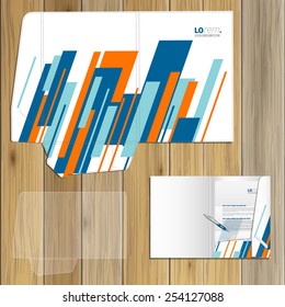 White folder template design for corporate identity with blue and orange diagonal shapes. Stationery set