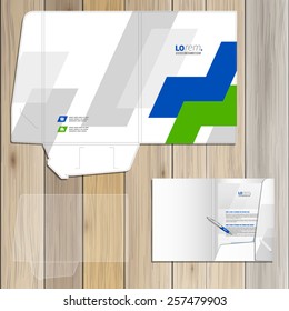 White folder template design for corporate identity with green and blue geometric elements. Stationery set