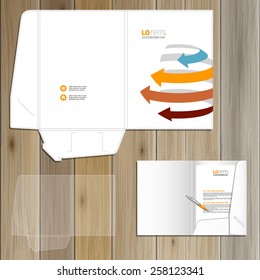 White folder template design for corporate identity with sphere and color arrows. Stationery set