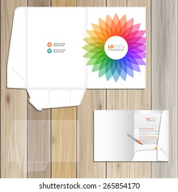 White folder template design for corporate identity with color round flower. Stationery set