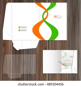 White folder template design for corporate identity with orange and green stripes. Stationery set