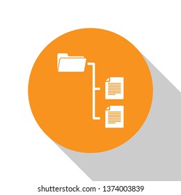 White Folder tree icon isolated on white background. Computer network file folder organization structure flowchart. Orange circle button. Flat design. Vector Illustration