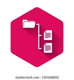 White Folder tree icon isolated with long shadow. Computer network file folder organization structure flowchart. Pink hexagon button. Vector Illustration