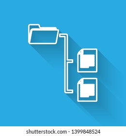 White Folder tree line icon isolated with long shadow. Computer network file folder organization structure flowchart. Vector Illustration