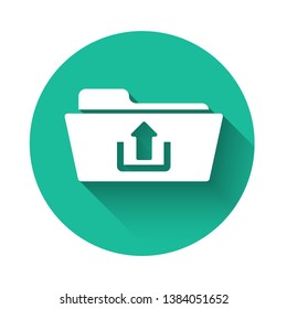 White Folder upload icon isolated with long shadow. Green circle button. Vector Illustration