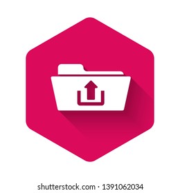 White Folder upload icon isolated with long shadow. Pink hexagon button. Vector Illustration