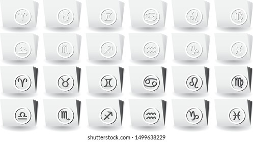 White folders with zodiac signs on covers, three different types of color, white, black and colored shadows, vector illustration