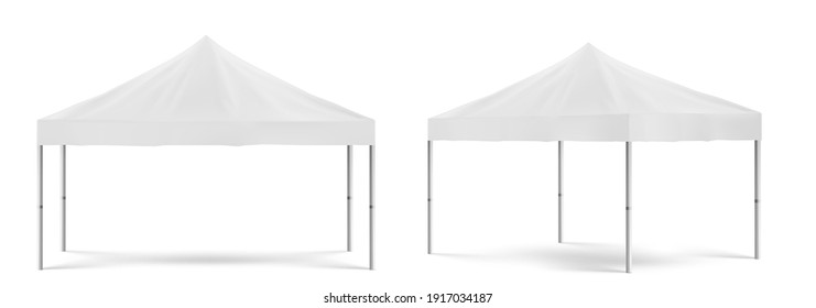 White folding promotion tent, outdoor mobile marquee for marketing exhibition or trade in front and angle view. Vector realistic mockup of blank festival awning for party isolated on white background
