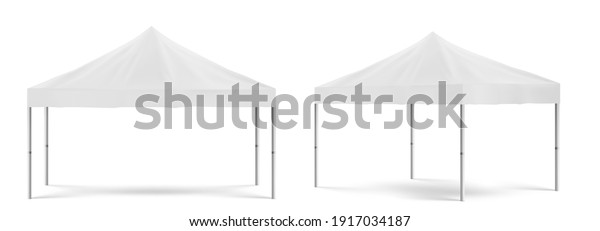 White folding promotion tent, outdoor mobile
marquee for marketing exhibition or trade in front and angle view.
Vector realistic mockup of blank festival awning for party isolated
on white background