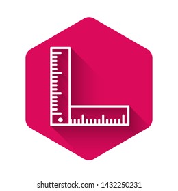 White Folding ruler icon isolated with long shadow. Pink hexagon button. Vector Illustration