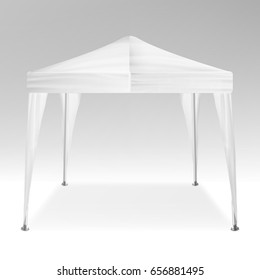 White Folding Tent Mockup Vector. Promotional Outdoor Event Trade Show Pop-Up Tent Mobile Marquee, Template. Product Advertising