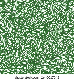 White foliage and leaves on a green background, on linen fabric print pattern, cotton, silk, vector illustration, doodle summer, kids and baby designs for print fabric.