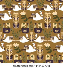 White folk art swans and flowers in a seamless pattern design, perfect to use on the web, or in print, for surface design
