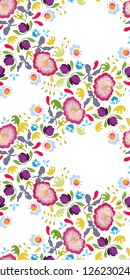 White folk art vector repeating festoon with pink flowers, ornaments and hearts. Folk art. Surface patern.