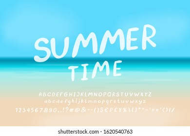 White font, handwritten Italic alphabet. Uppercase and lowercase letters, numbers. Lettering Summertime on sea beach landscape background