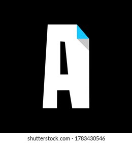 White font, modern trendy alphabet, letter A cut from paper with bent colored angle, uppercase