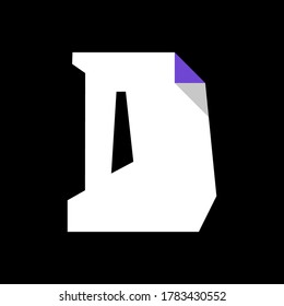 White font, modern trendy alphabet, letter D cut from paper with bent colored angle, uppercase