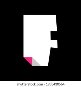 White font, modern trendy alphabet, letter F cut from paper with bent colored angle, uppercase