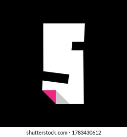 White font, modern trendy alphabet, number five cut from paper with bent colored angle, uppercase