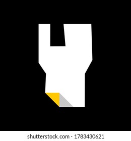 White font, modern trendy alphabet, letter Y cut from paper with bent colored angle, uppercase