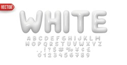 White Font Realistic 3d Design. Complete Alphabet And Numbers From 0 To 9. Collection Glossy Letters In Cartoon Style. Fonts Voluminous Inflated From Balloon. Vector Illustration