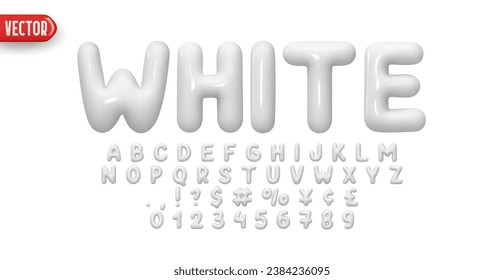 White Font realistic 3d design. Complete alphabet and numbers from 0 to 9. Collection Glossy letters in cartoon style. Fonts voluminous inflated from balloon. Vector illustration svg