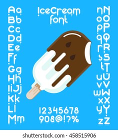 White font set with ice-cream. Custom typeface on blue background. Vector alphabet
