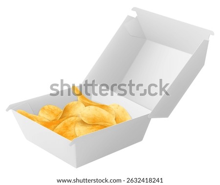 White food box with crispy chips, packaging for hamburger, lunch, fast food, burger, sandwich isolated on white background. Packaging Cardboard Box Mockup, Realistic 3d Vector Illustration