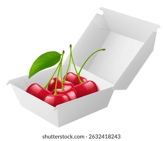 White food box with delicious ripe cherries, packaging for hamburger, lunch, fast food, burger, sandwich isolated on white background. Packaging Cardboard Box Mockup, Realistic 3d Vector Illustration