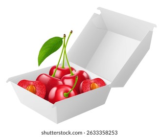 Caixa de comida branca com cerejas maduras deliciosas, embalagem para hambúrguer, almoço, fast food, hambúrguer, sanduíche isolado no fundo branco. Embalagem de caixa de papelão maquete, ilustração de vetor 3d realista