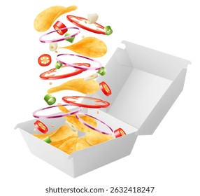 White food box with falling crispy chips, packaging for hamburger, lunch, fast food, burger, sandwich isolated on white background. Packaging Cardboard Box Mockup, Realistic 3d Vector Illustration