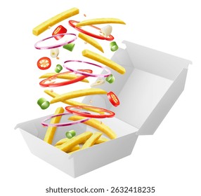 White food box with french fries, packaging for hamburger, lunch, fast food, burger, sandwich isolated on white background. Packaging Cardboard Box Mockup, Realistic 3d Vector Illustration