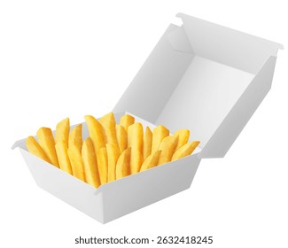 White food box with french fries, packaging for hamburger, lunch, fast food, burger, sandwich isolated on white background. Packaging Cardboard Box Mockup, Realistic 3d Vector Illustration